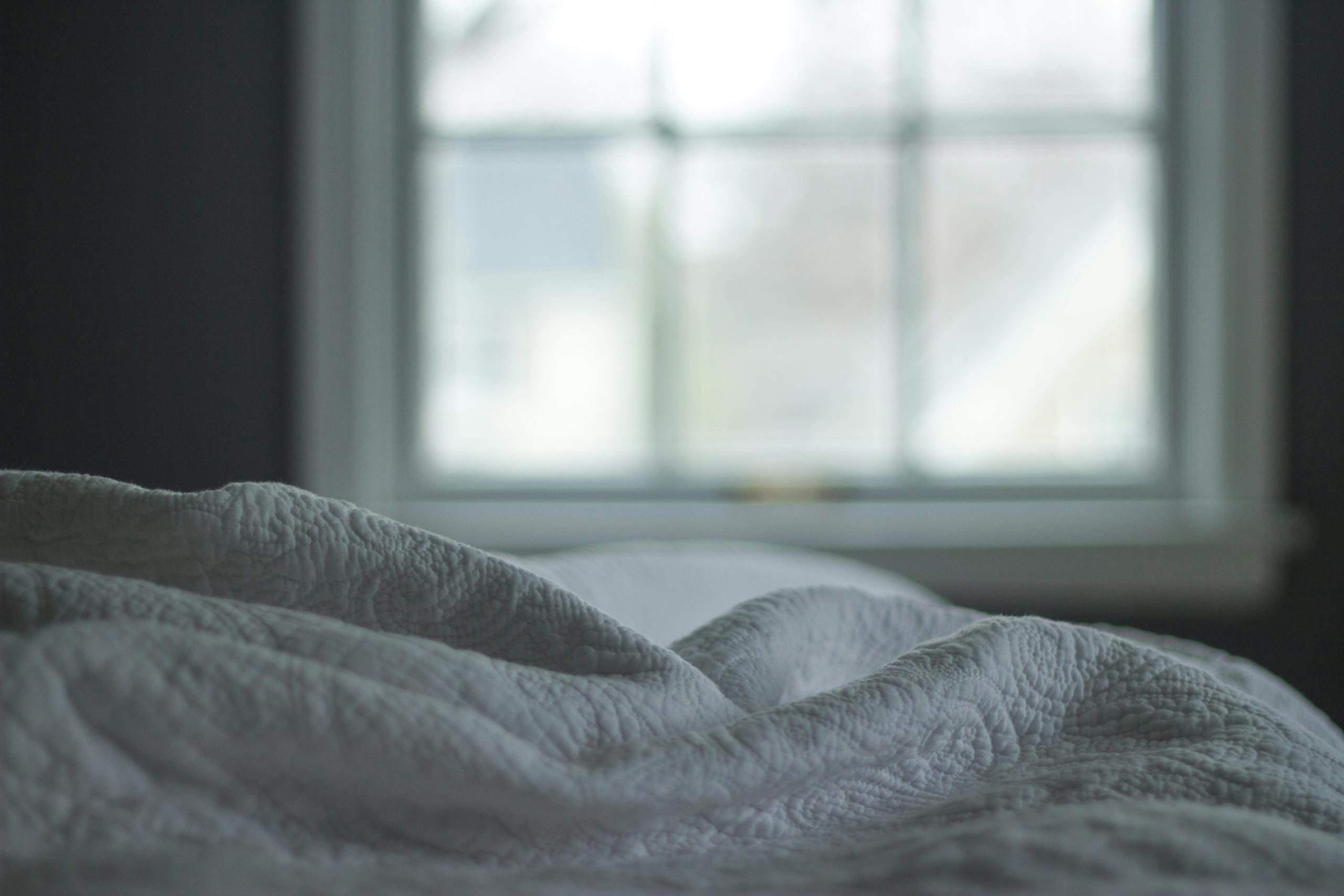 Tranquil bedroom with quilted blanket by window softly lit by morning light