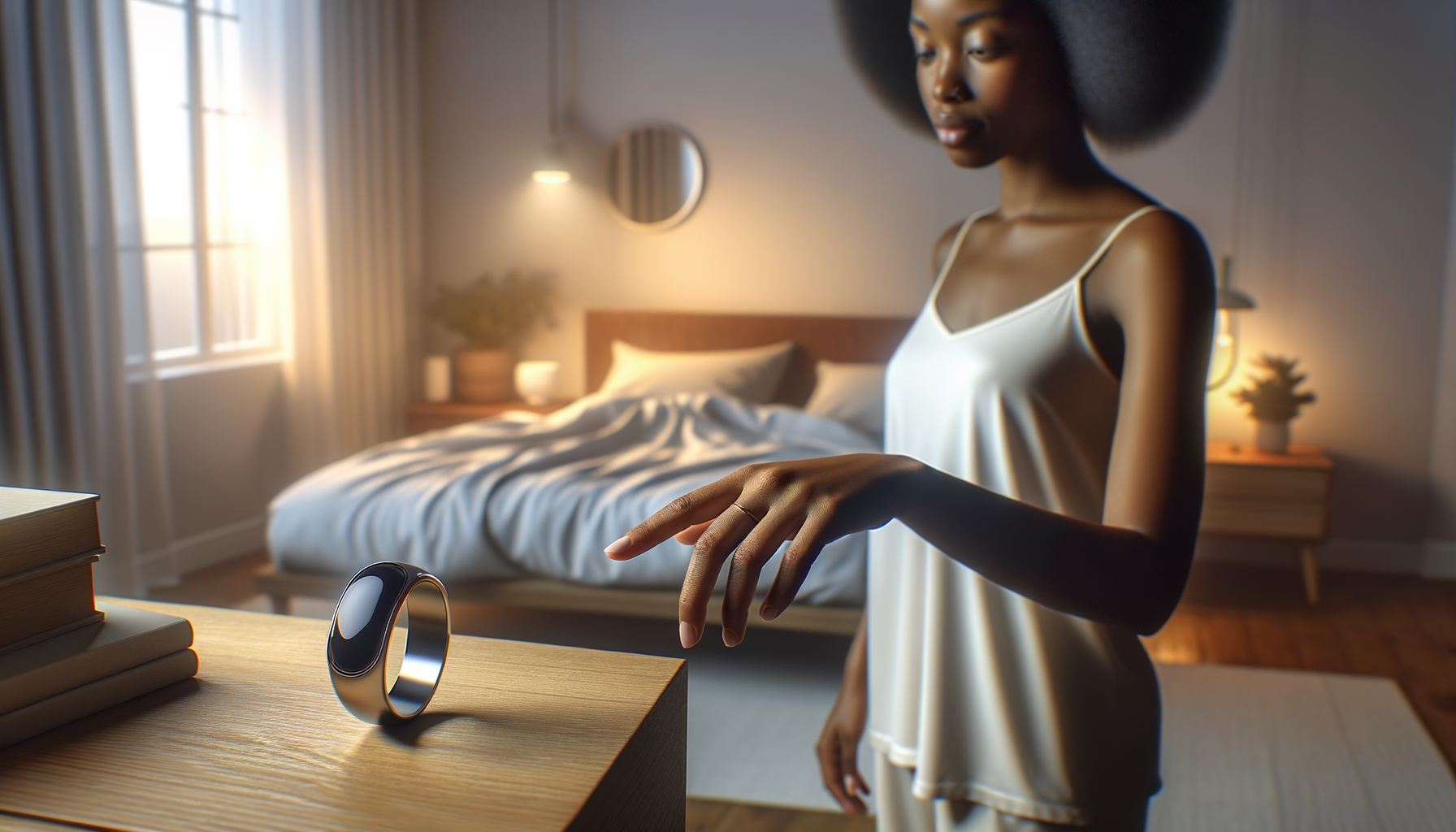 Person interacting with Amazfit Helio Ring in bedroom setting