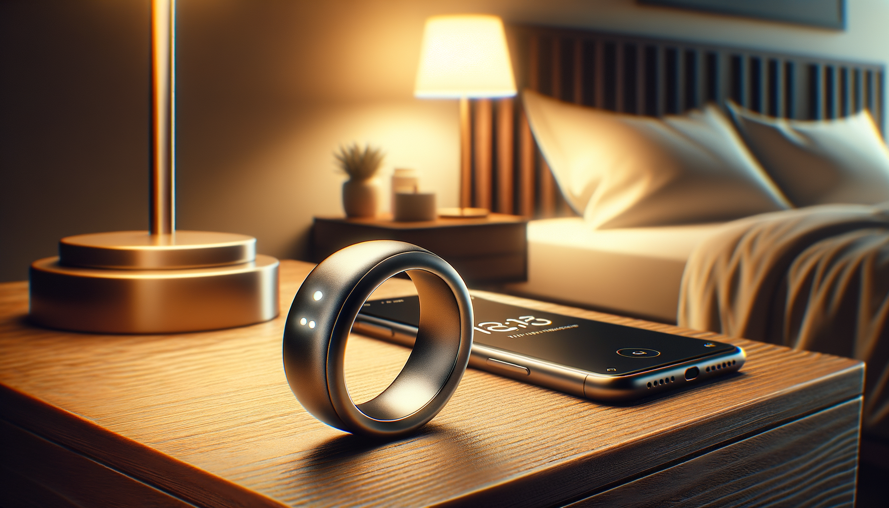 Amazfit Helio Ring on nightstand with phone and glass of water