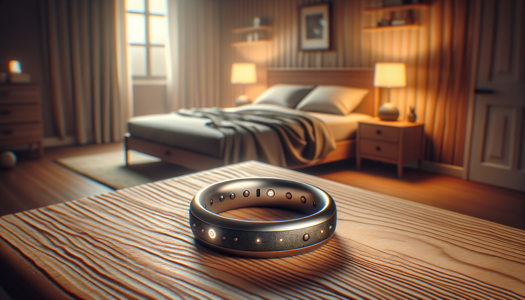 Wide bedroom scene showing Amazfit Helio Ring in real sleep environment