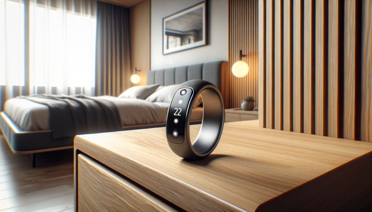 Amazfit Helio Ring on wooden nightstand in modern bedroom with warm lighting