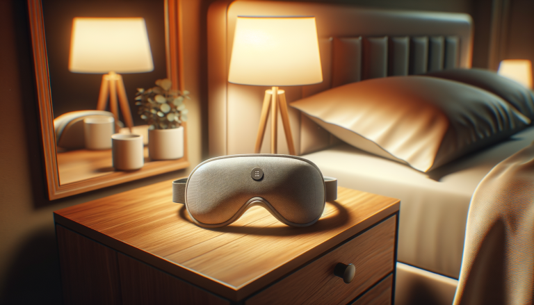 Smart sleep mask with speakers on wooden nightstand in warm bedroom