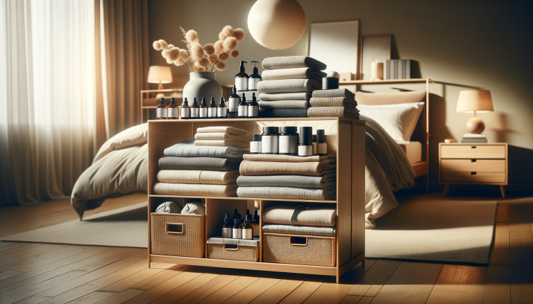 sleep technology device on wooden nightstand in modern bedroom with warm lighting