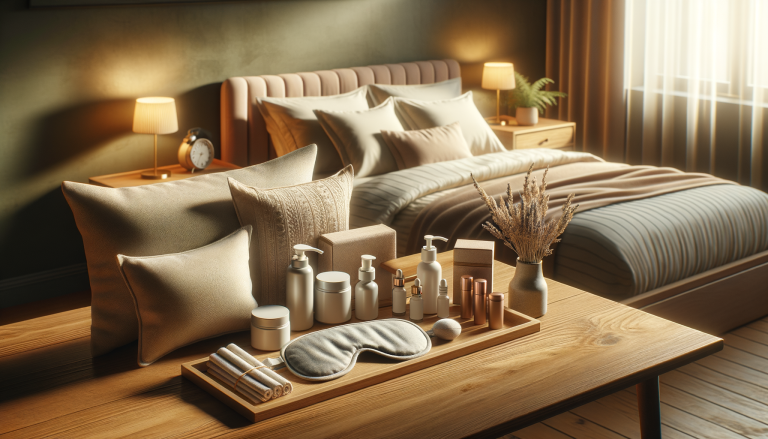 Fitbit fitness tracker on wrist on wooden nightstand in modern bedroom with warm lighting