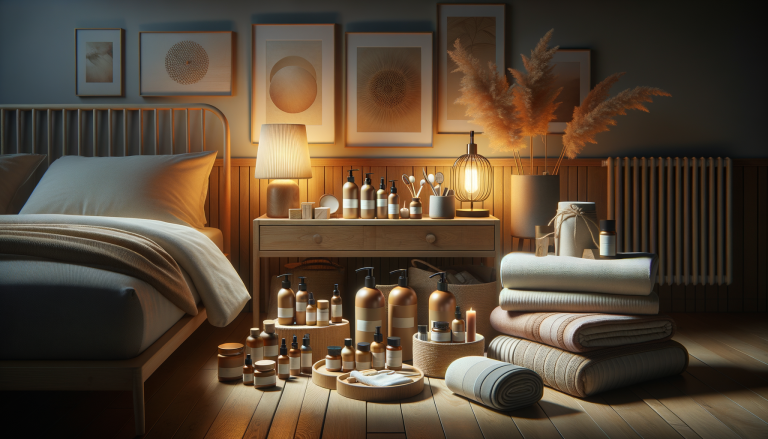 sleep technology device on wooden nightstand in modern bedroom with warm lighting