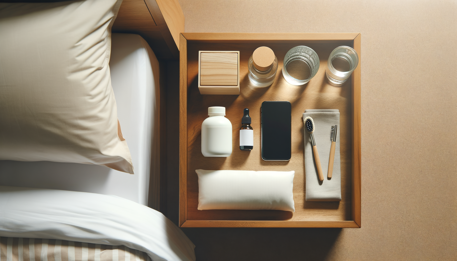Wide bedroom scene showing sleep technology device in real sleep environment