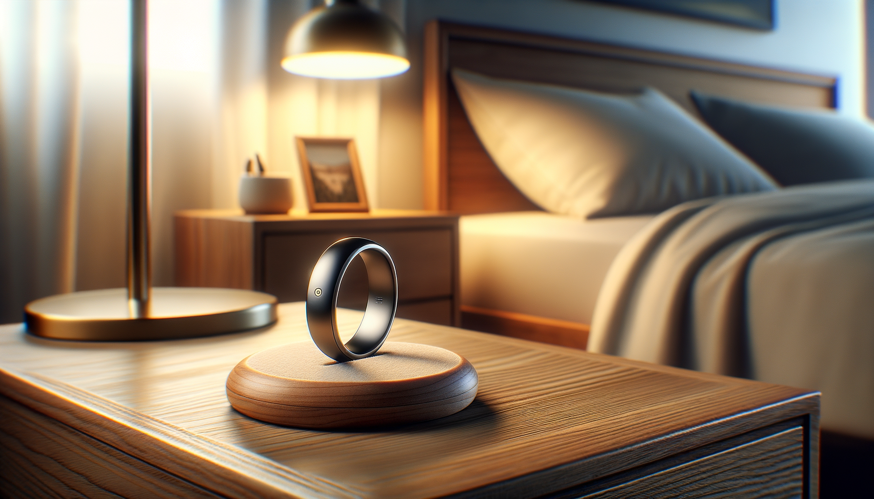 Smart ring on ring stand showing slim titanium design on nightstand