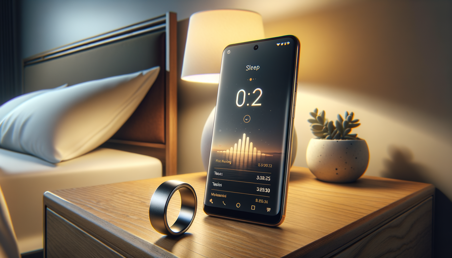 Smart ring next to phone showing sleep data on nightstand