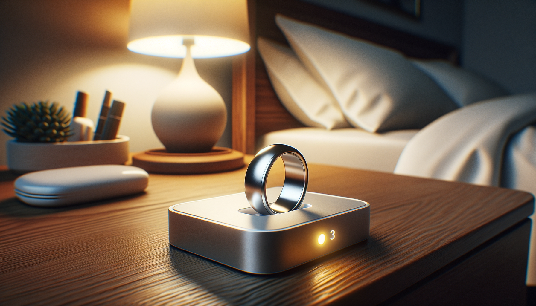 Titanium ring on charging dock with LED indicator on nightstand