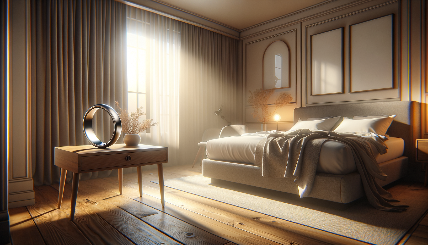 Wide bedroom with smart ring on nightstand in morning sunlight