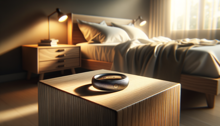 Titanium smart ring on wooden nightstand with warm bedroom lighting