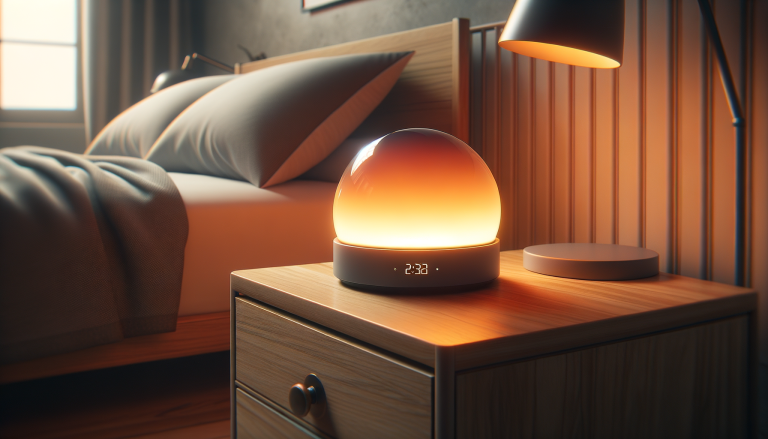Philips SmartSleep wake-up light HF3520 on wooden nightstand in modern bedroom with warm lighting