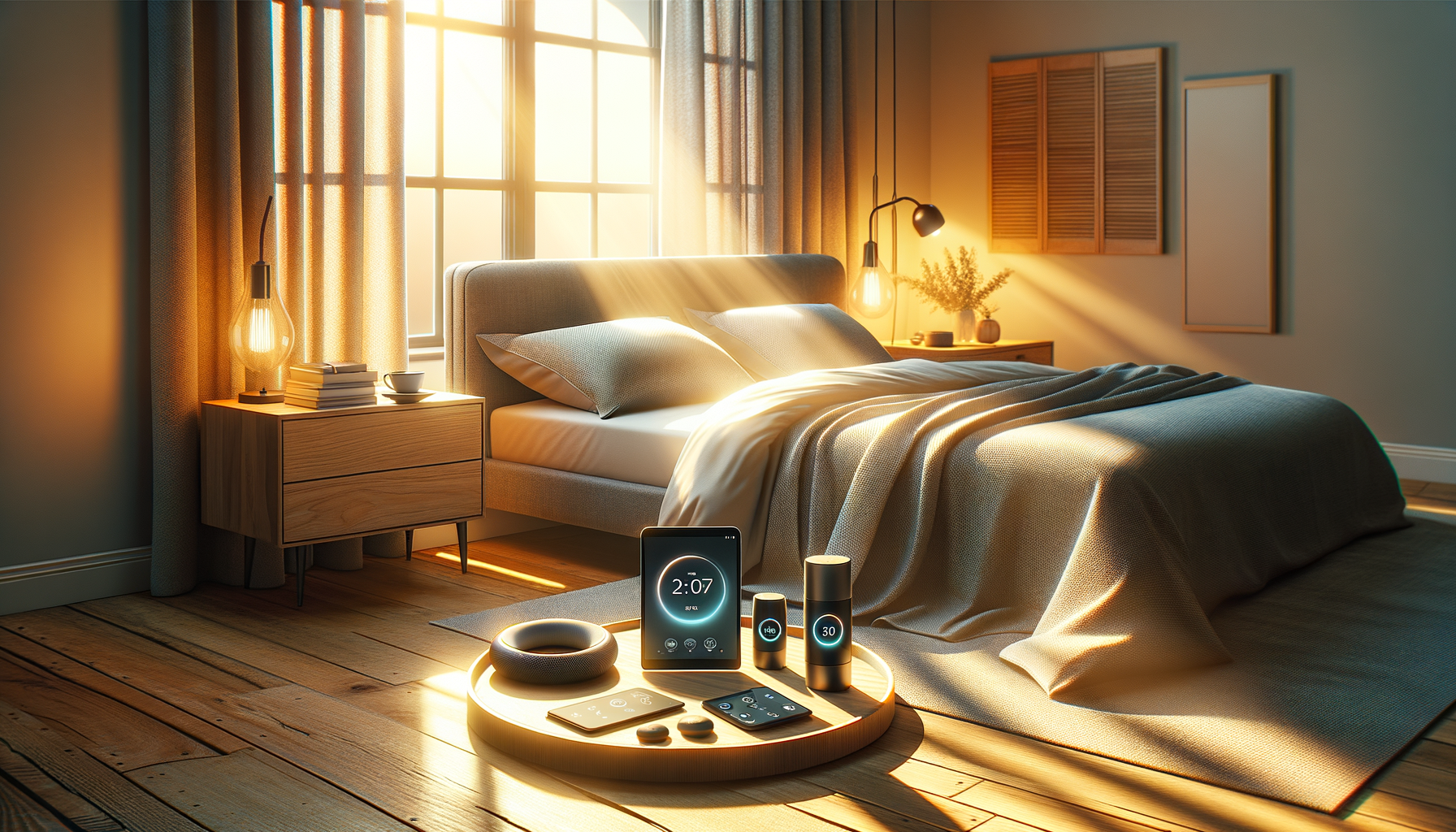 Person interacting with sleep technology device in bedroom setting