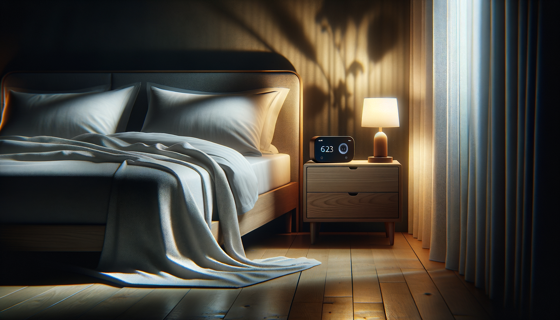 sleep technology device on nightstand with phone and glass of water