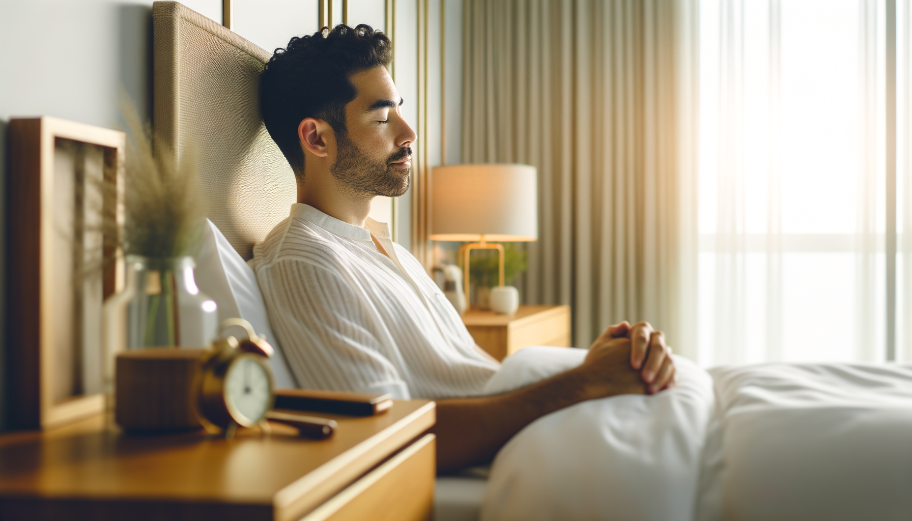 Wide bedroom scene showing sleep technology device in real sleep environment