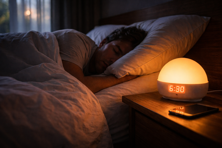 Person sleeping deeply next to sunrise alarm clock glowing at 5:30 AM on nightstand