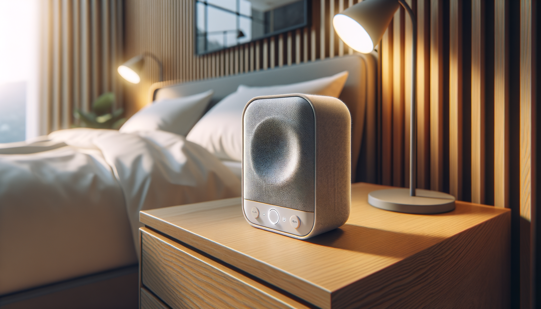 white noise machine product shot on wooden nightstand with warm bedroom lighting