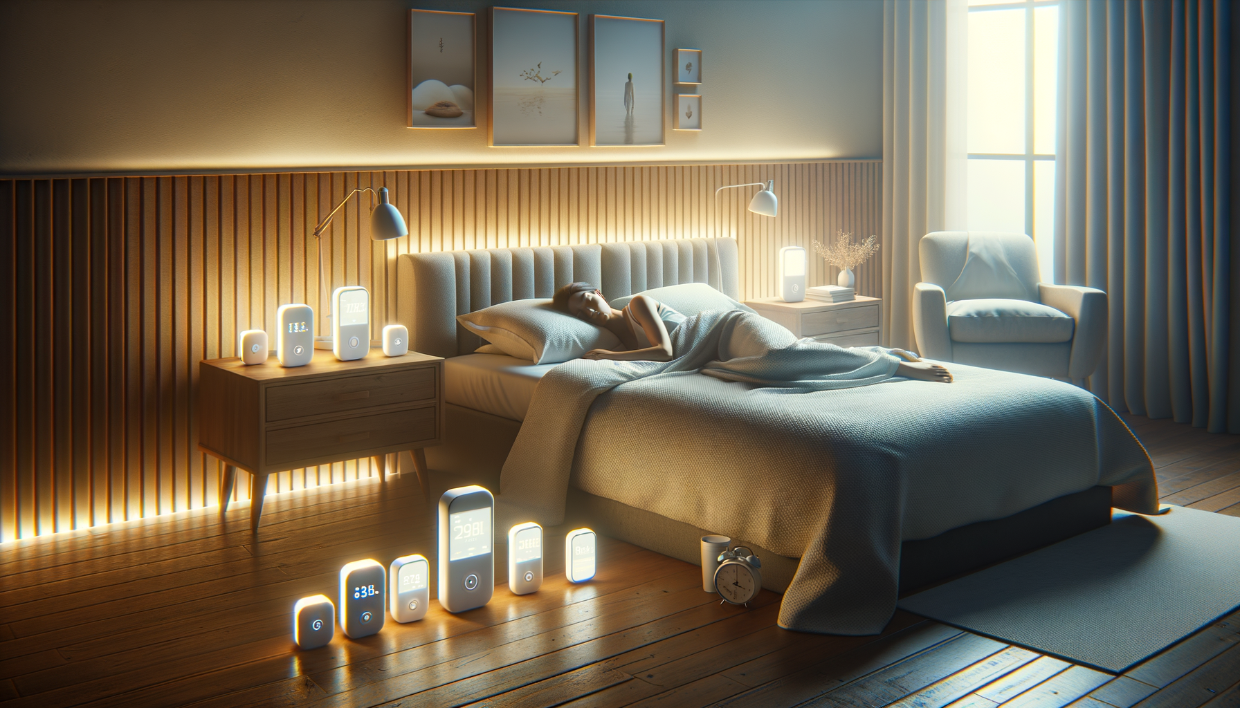 Person sleeping peacefully with sleep technology device on nightstand
