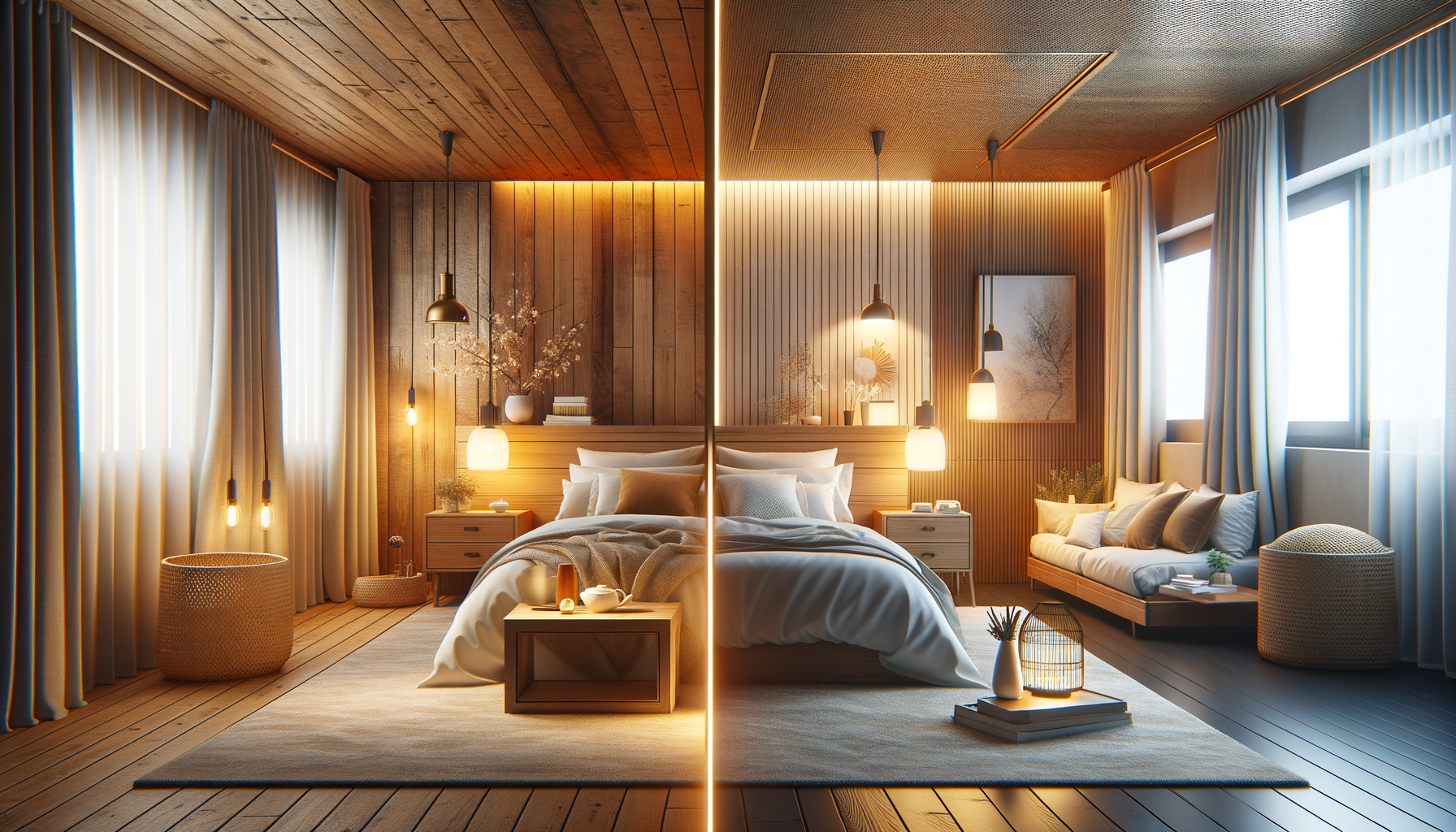Split bedroom comparison showing two different sleep technology setups